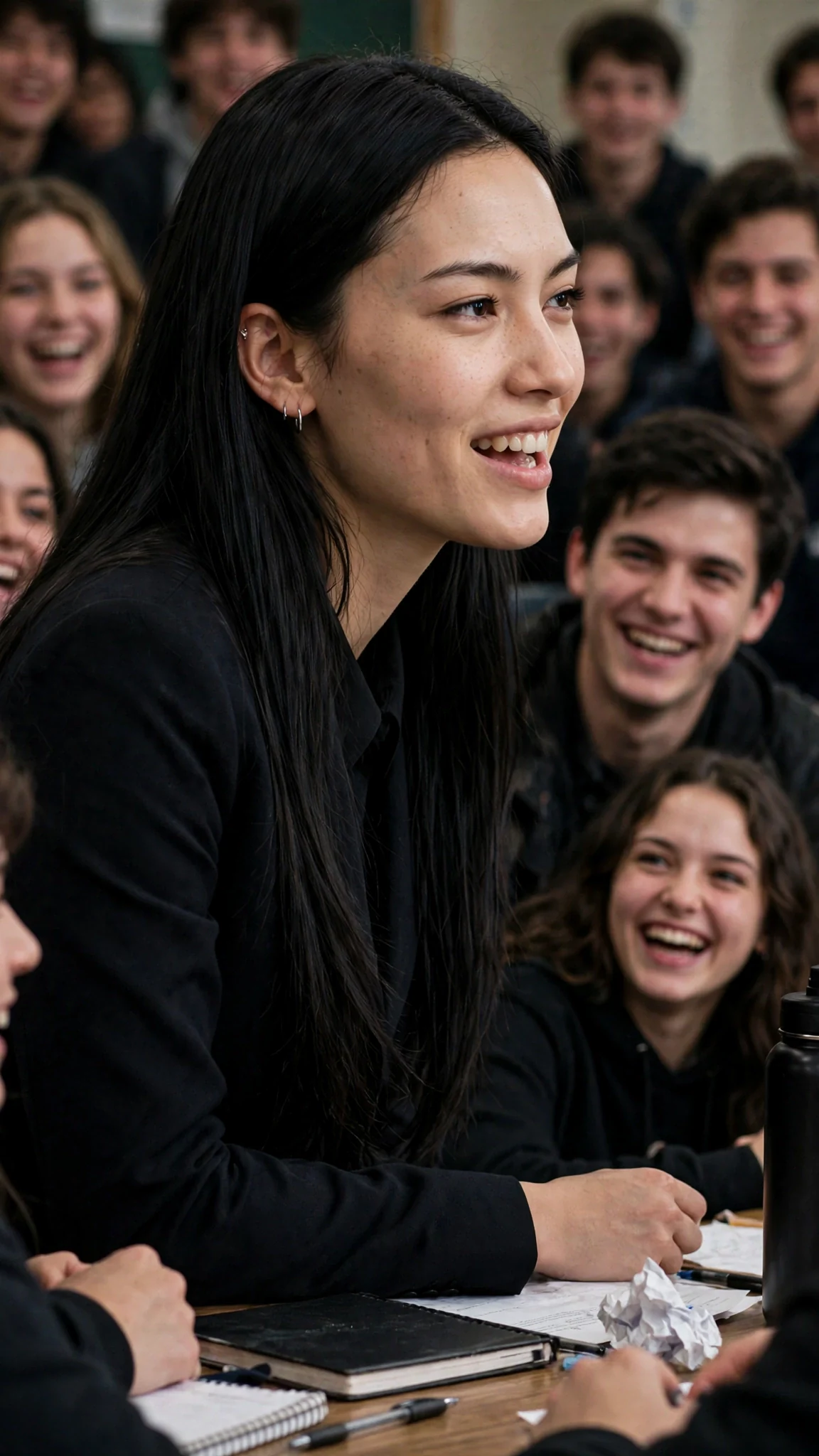 A tall lean young woman with long black hair and silver earrings leans back at her table with a nasty smile, mouth open mid-insult.