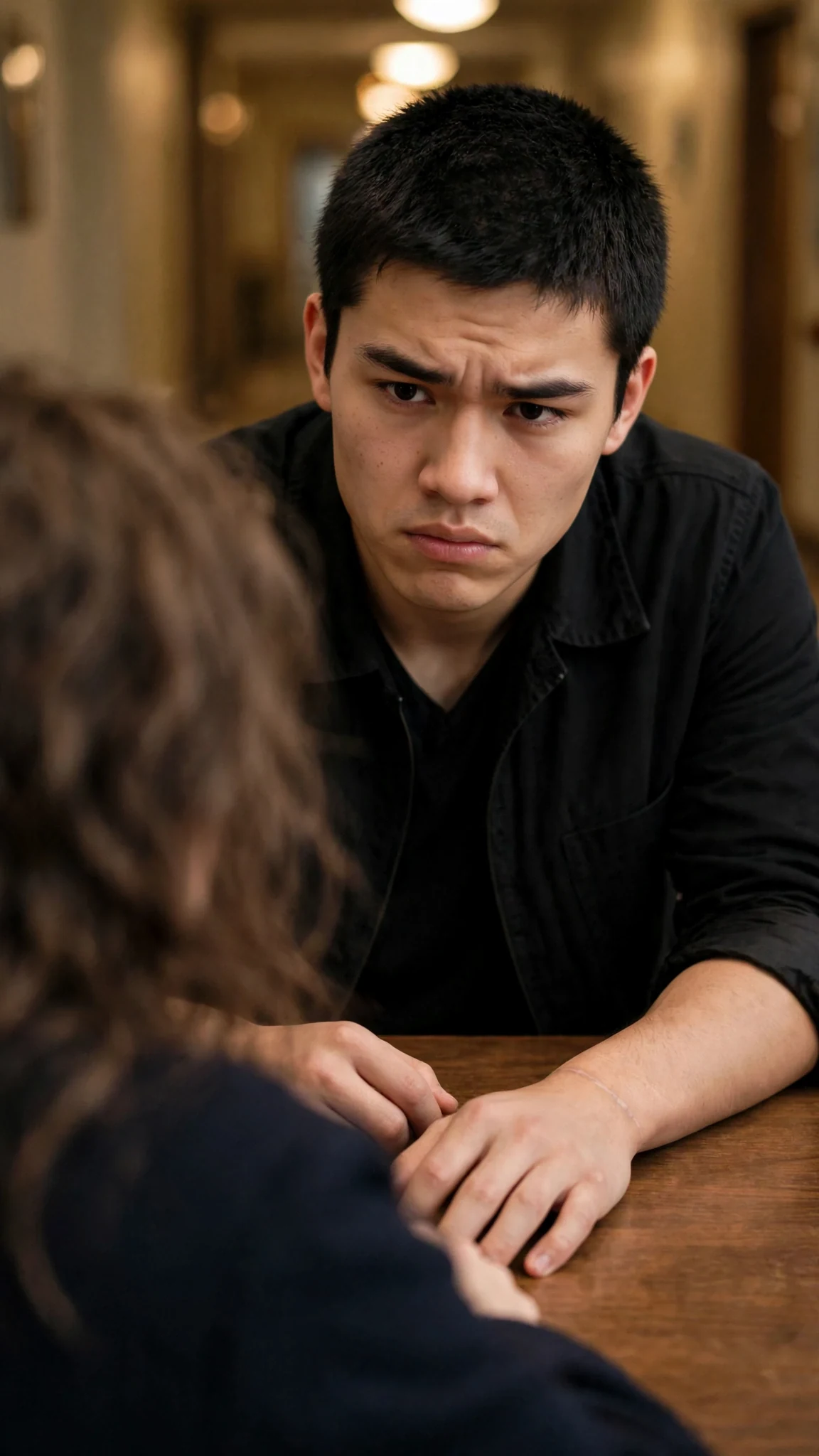 The dark-haired man leans forward slightly, speaking fast and low, urgent, trying to warn her off.