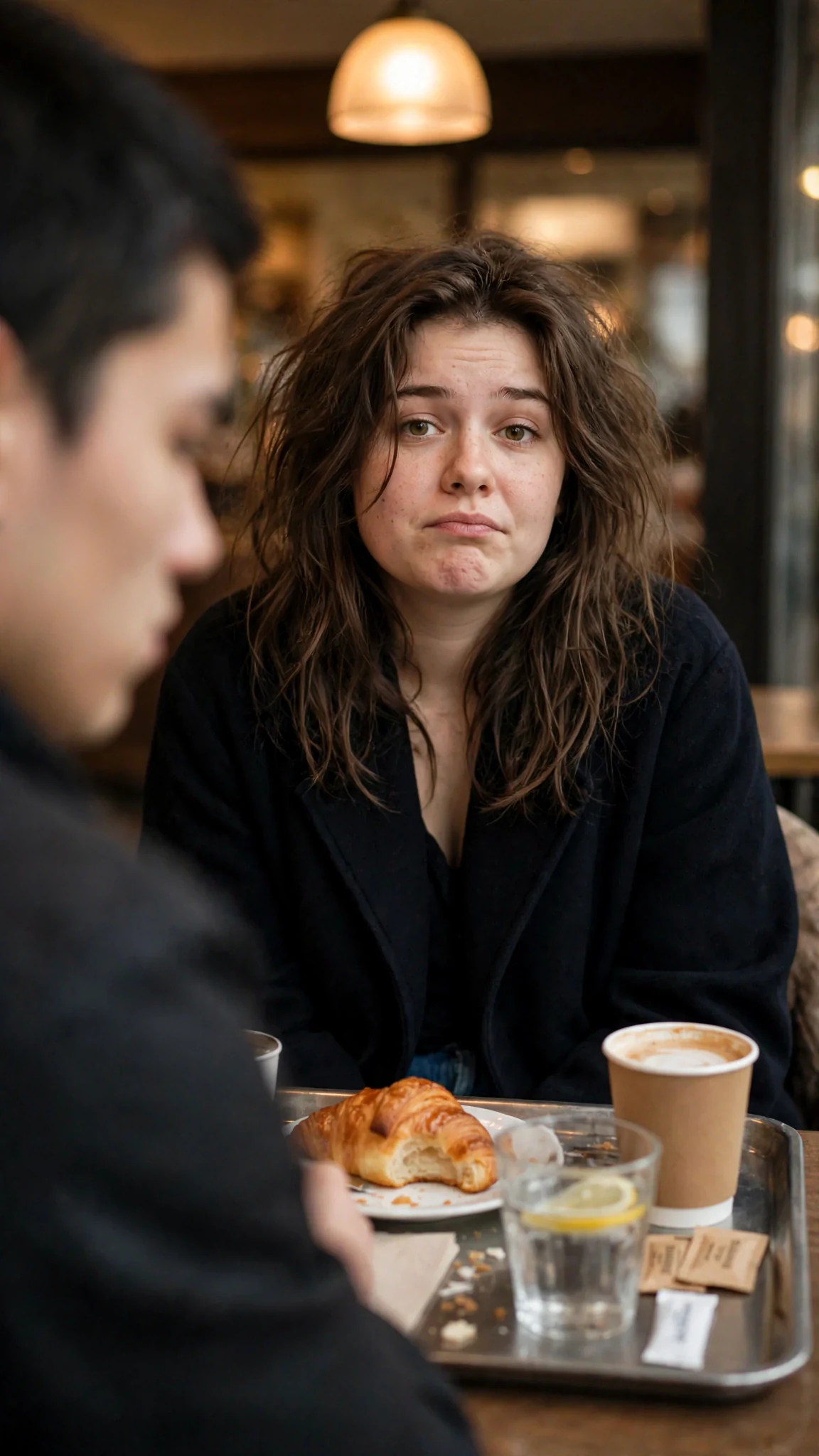 The young woman answers him with a small, tired shrug, coat sleeves pushed back, chin lifted.