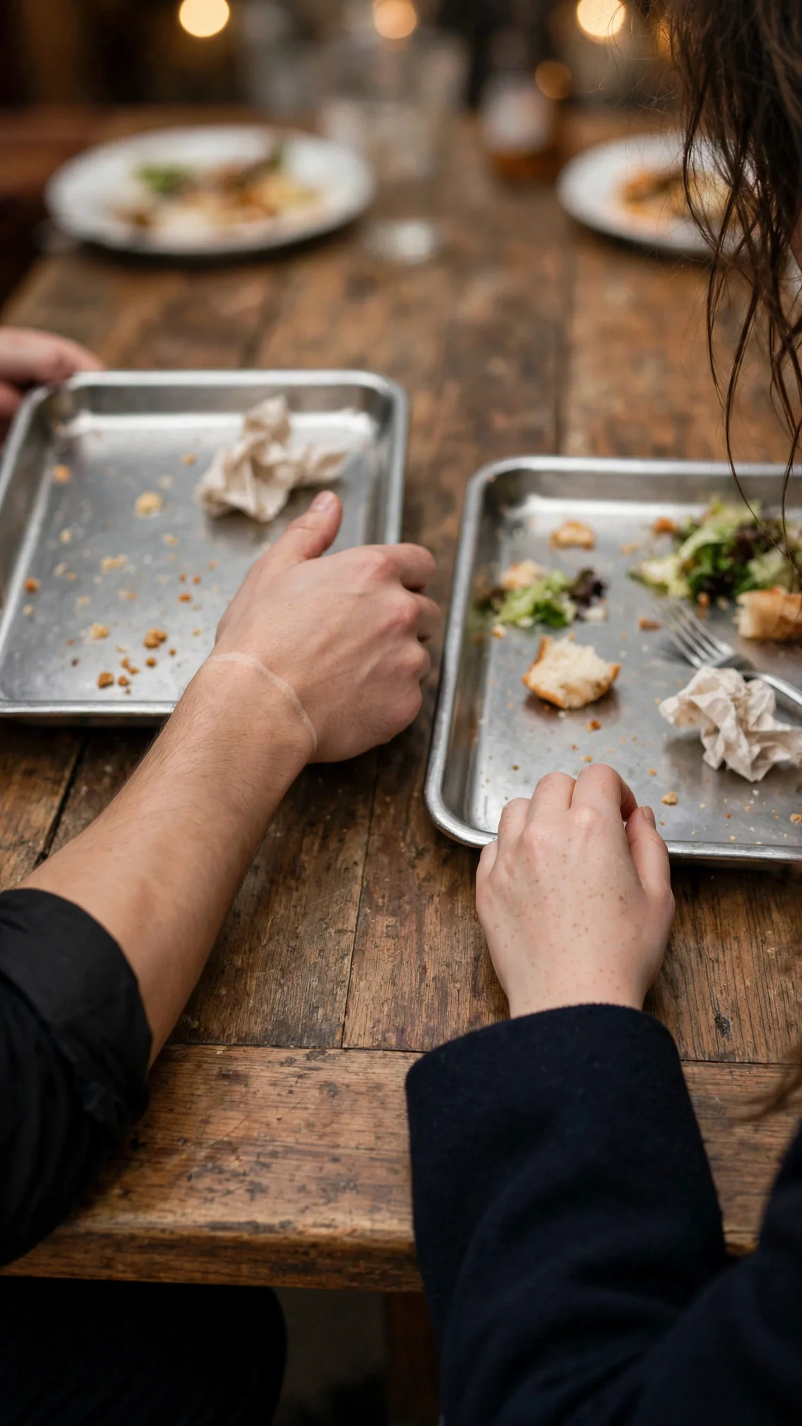 Two trays on an old wooden table, one nudged sideways, two pairs of hands now with room.