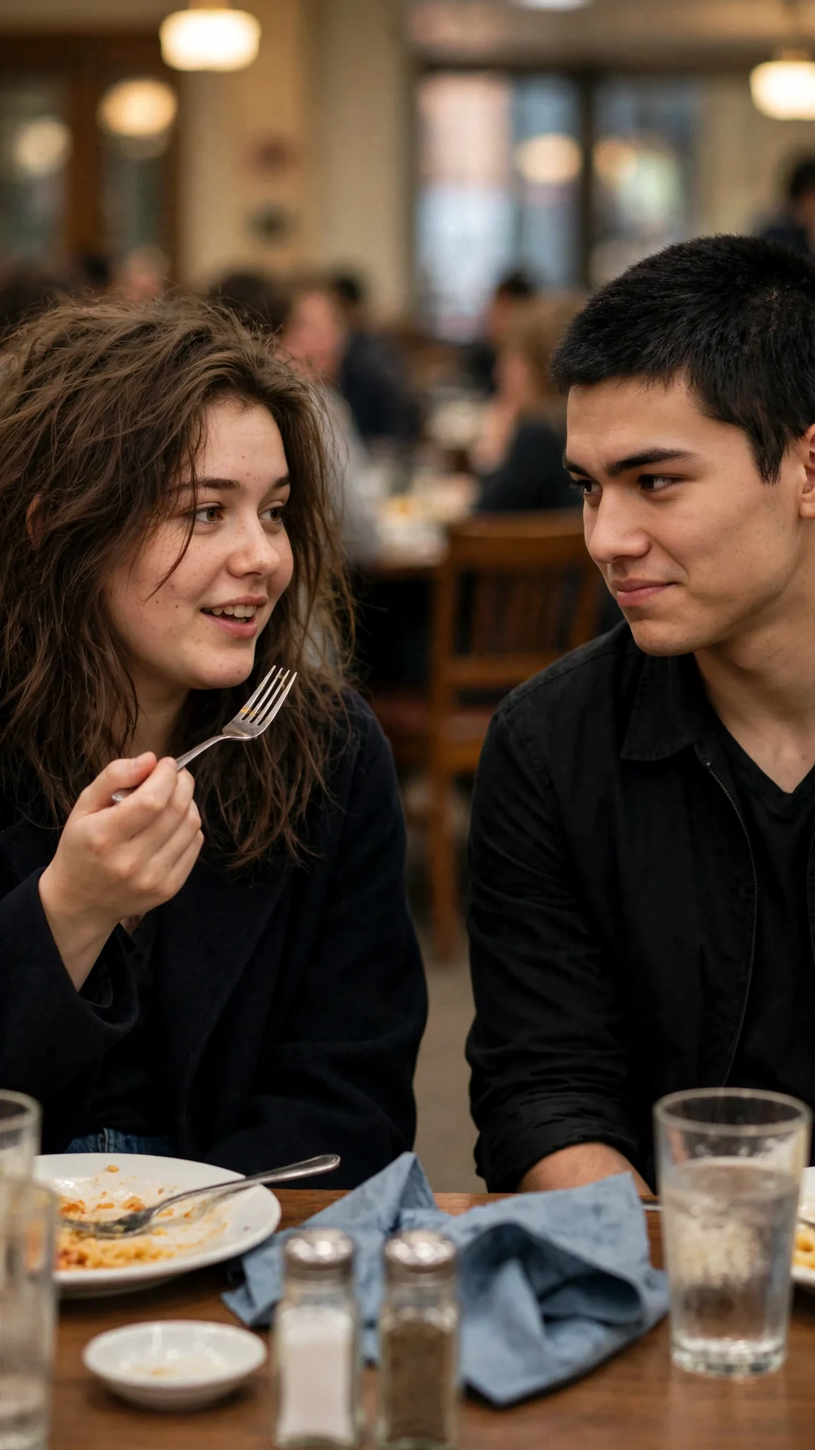 The young woman talks with her mouth full while the big man watches her, wary and faintly amused.