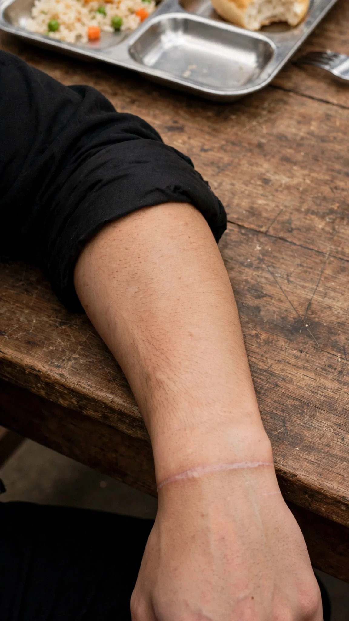 Close on a wrist with a thin pale scar ring around it, resting beside a tray pushed to the far edge of the table.