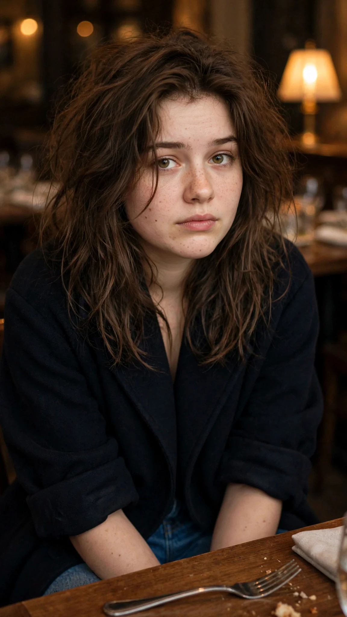 The young woman sets her fork down and looks at him straight, tired and honest.