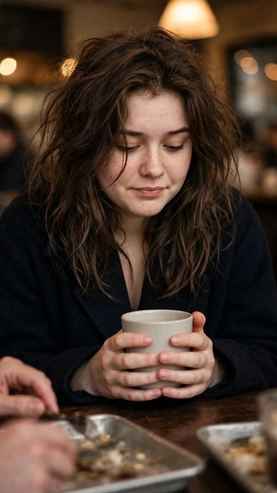 The young woman answers plainly, hands wrapped around her cup, eyes down.
