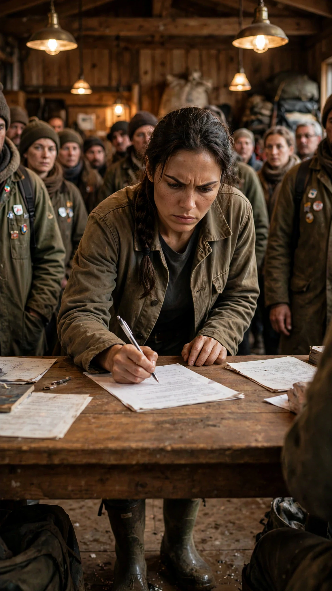A lean woman in a worn canvas jacket writes a false name on a sign-up sheet at a wooden table in a crowded hall.