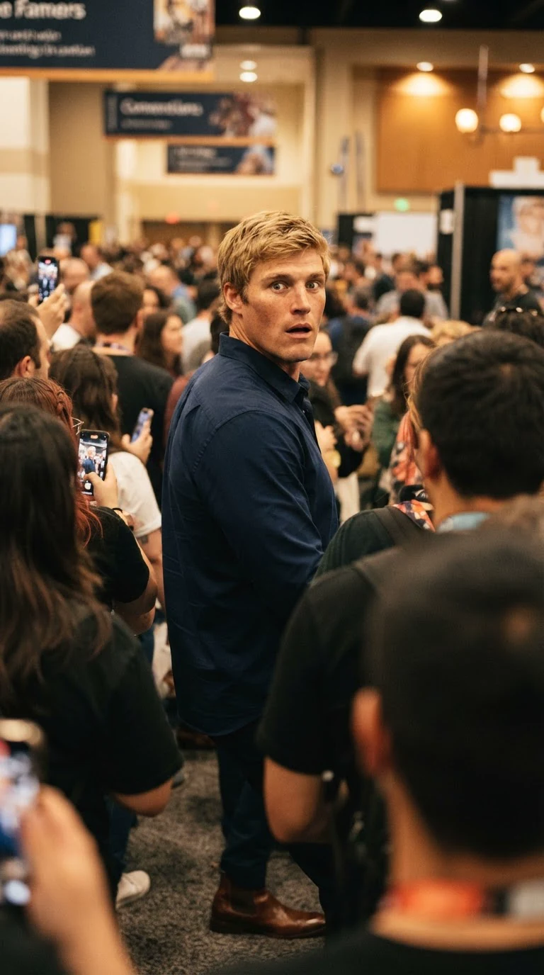 A tall man in a navy shirt turns in the crowd and stares at Nessa across the hall.
