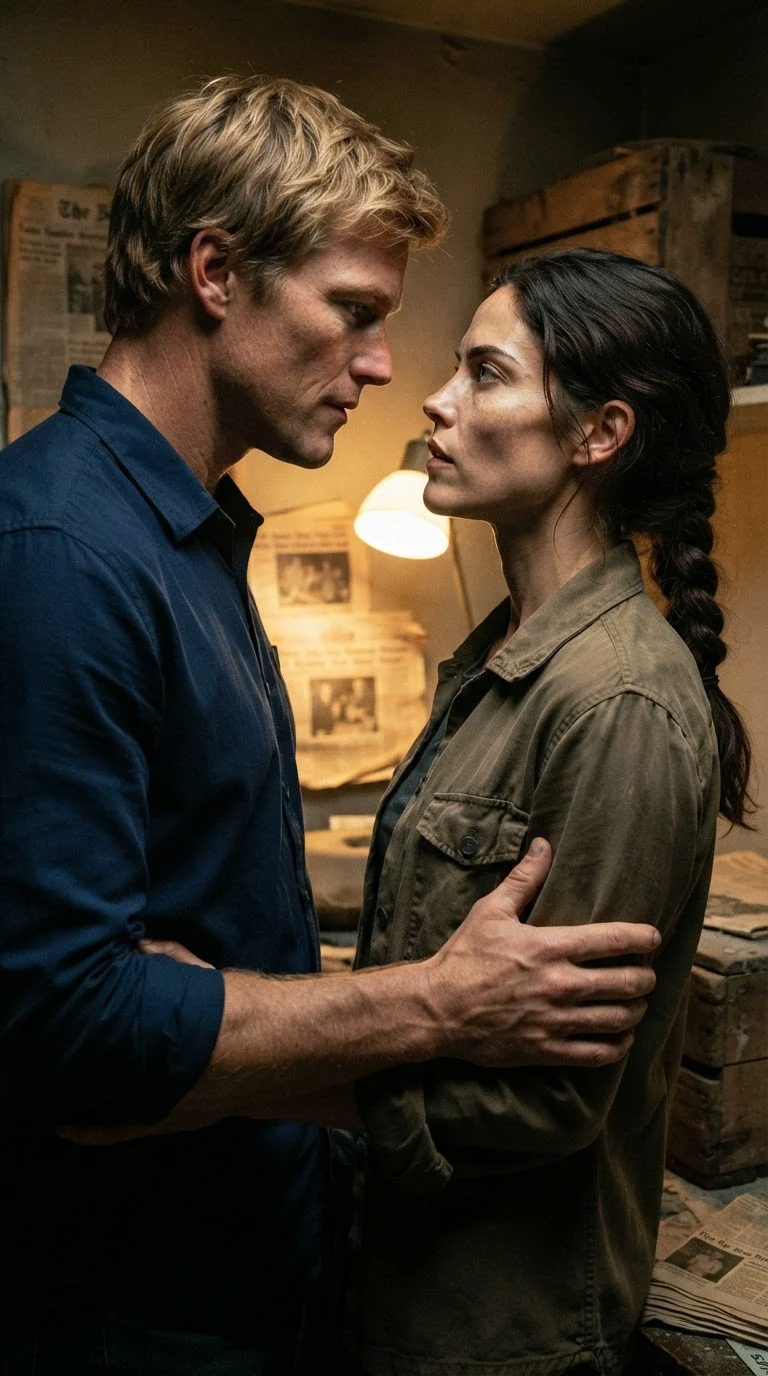 Dax and Nessa stand close in a dusty back room, his hands on her waist.