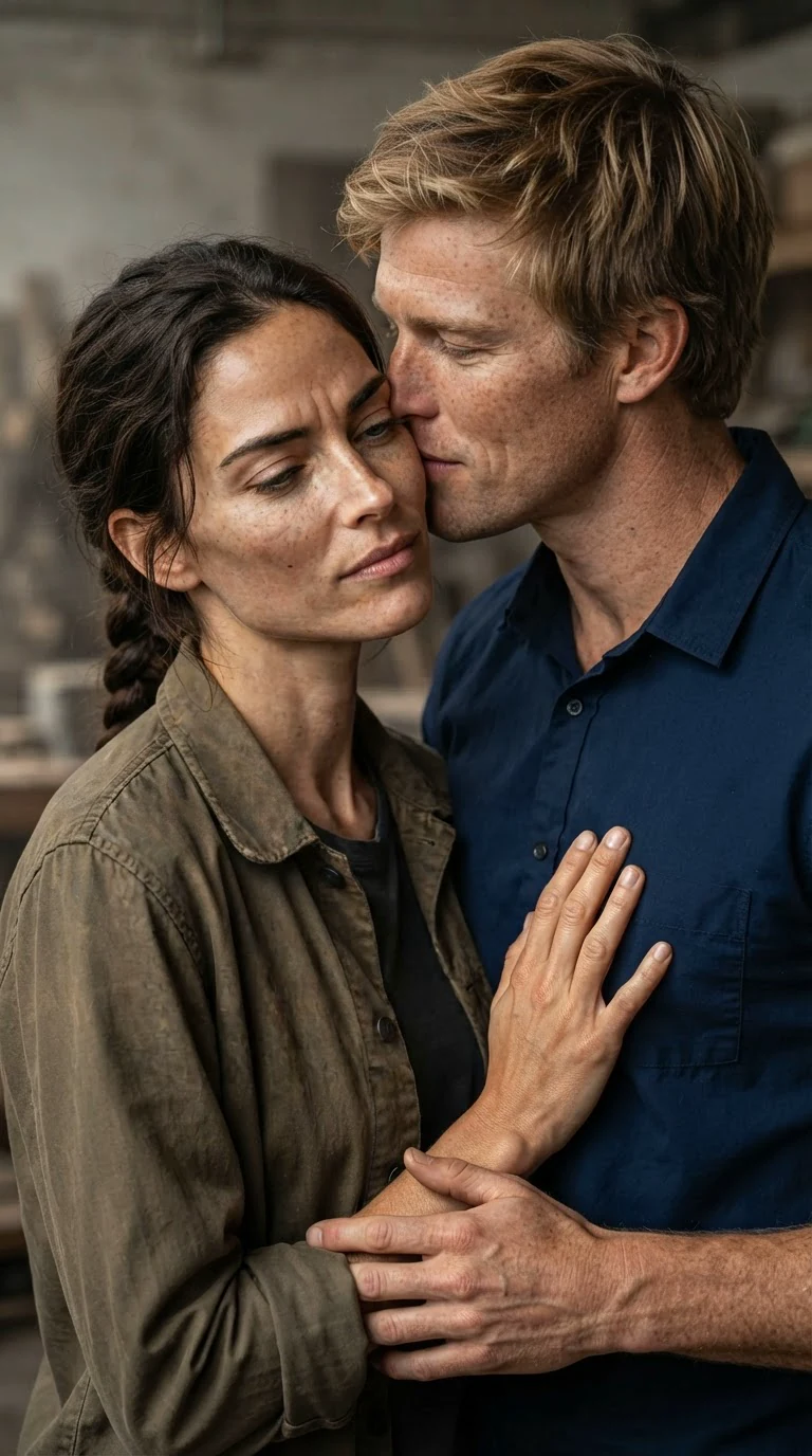 Dax's mouth at Nessa's neck while her hand rests on his chest.