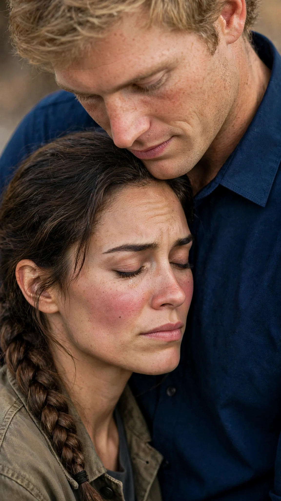 Nessa's face, flushed and eyes closed, close to Dax's shoulder.
