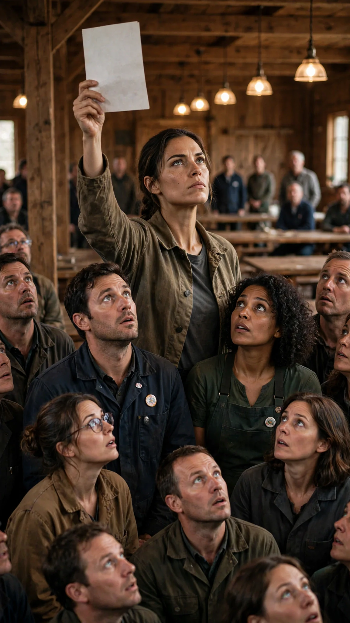 A crowd of pack members turns to stare at Nessa in the middle of the hall.