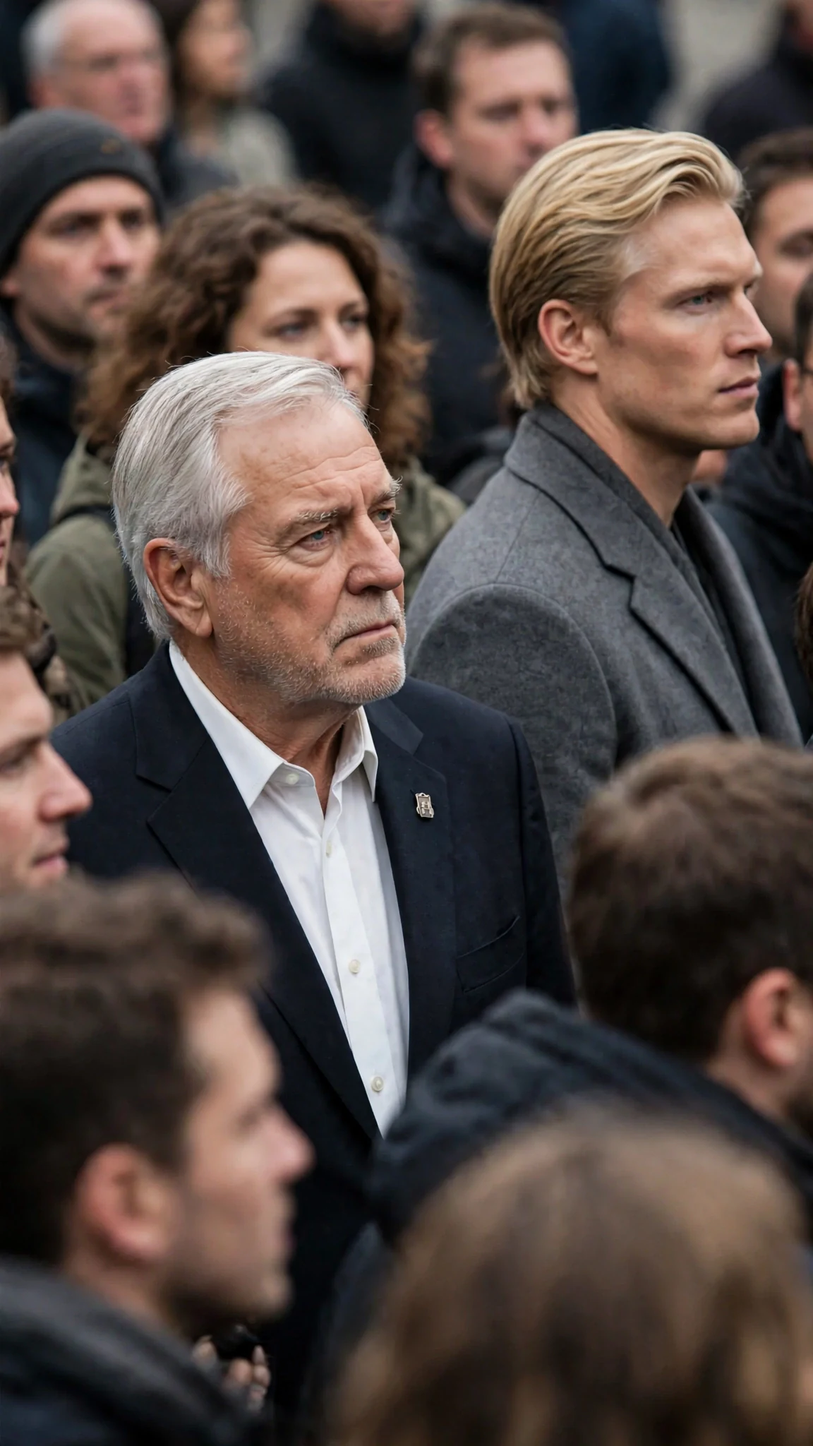 An older man in a dark suit and pack pin stares at Dax without speaking.