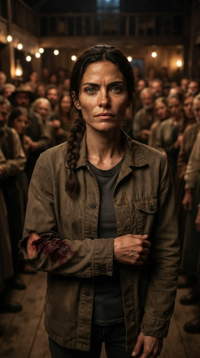 Nessa stands in a crowded hall with a bloodied sleeve, reaching into her jacket.