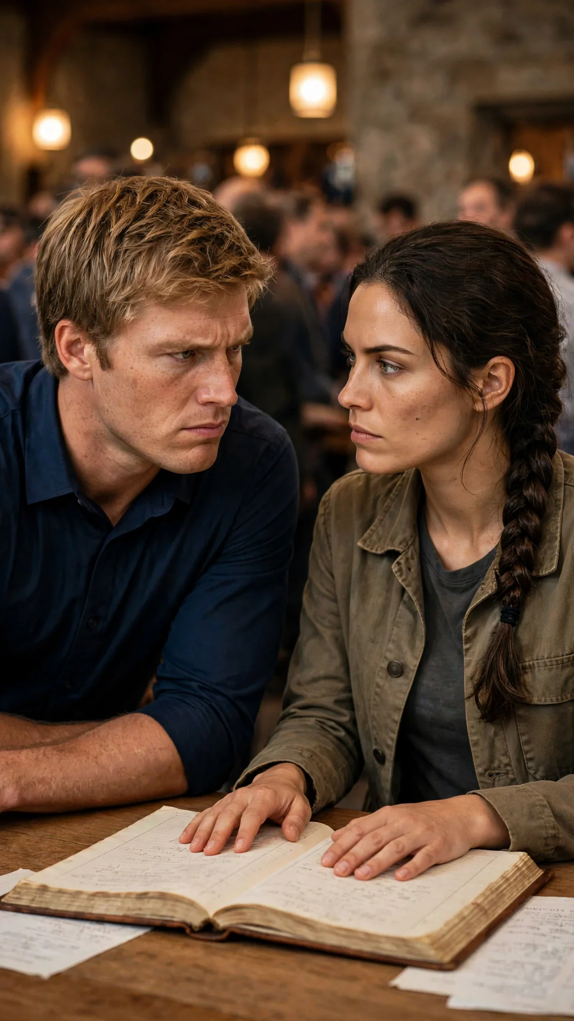 Dax leans in, speaking low and hard, while Nessa looks at him without blinking.