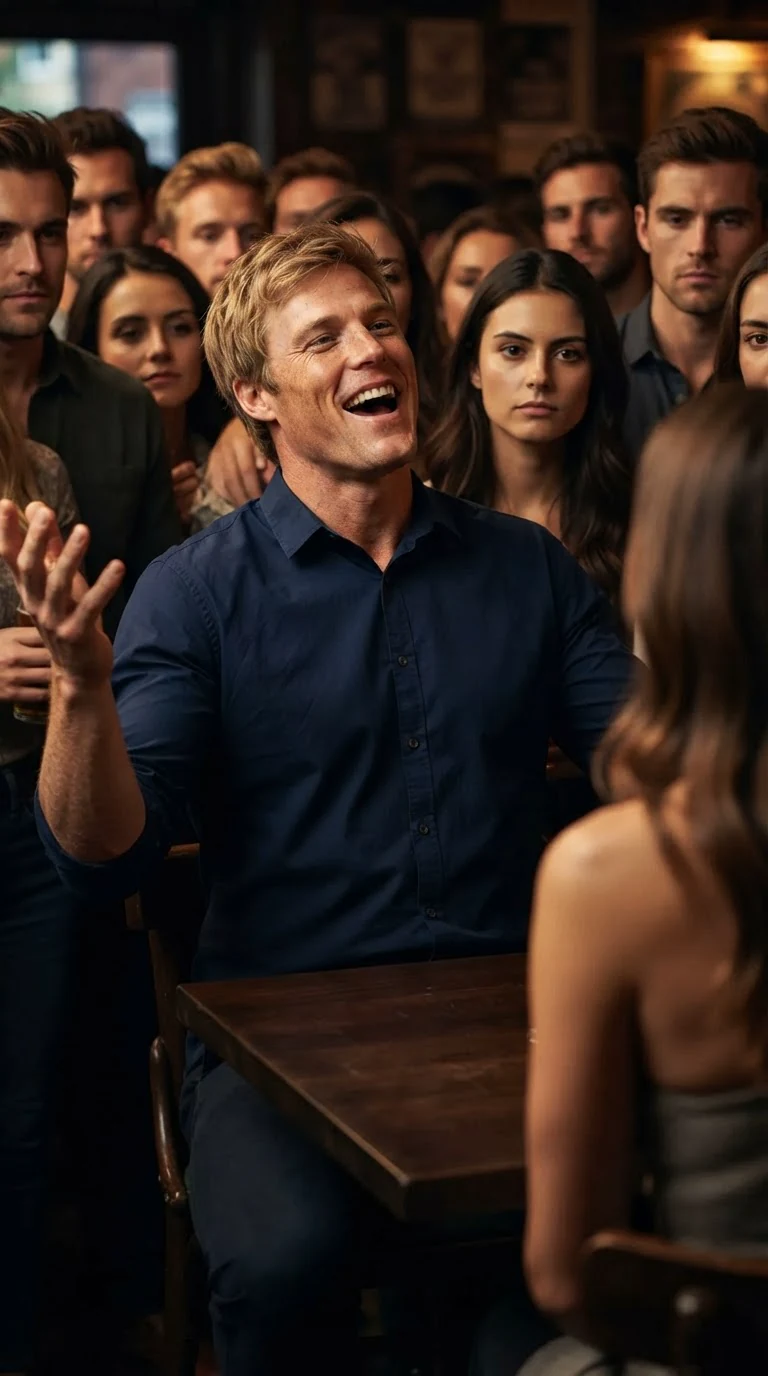 Dax spreads his hands wide, laughing with an open mouth, but his eyes are hard.