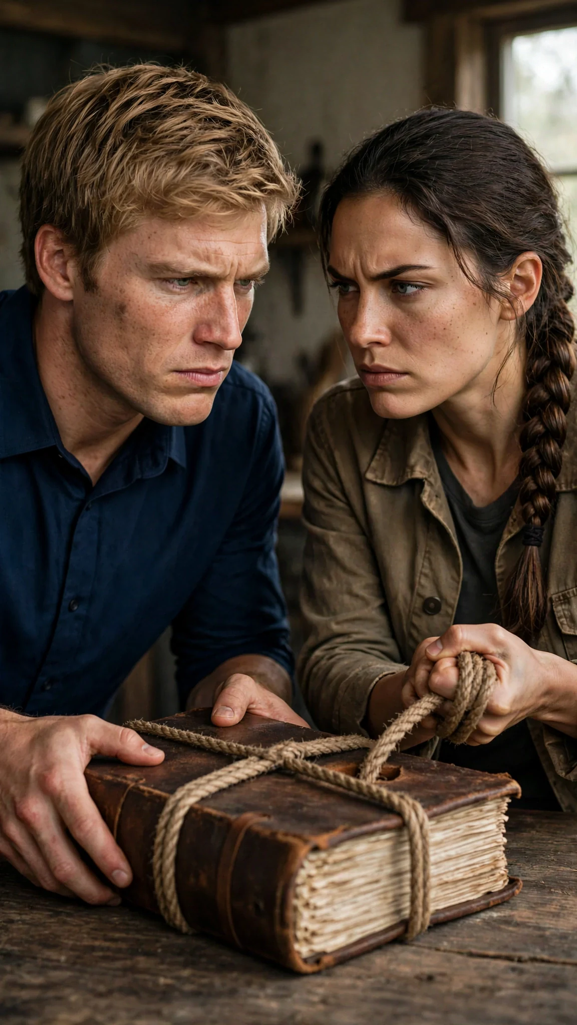 Dax grabs the ledger and yanks it, the cord cutting into Nessa's palm.