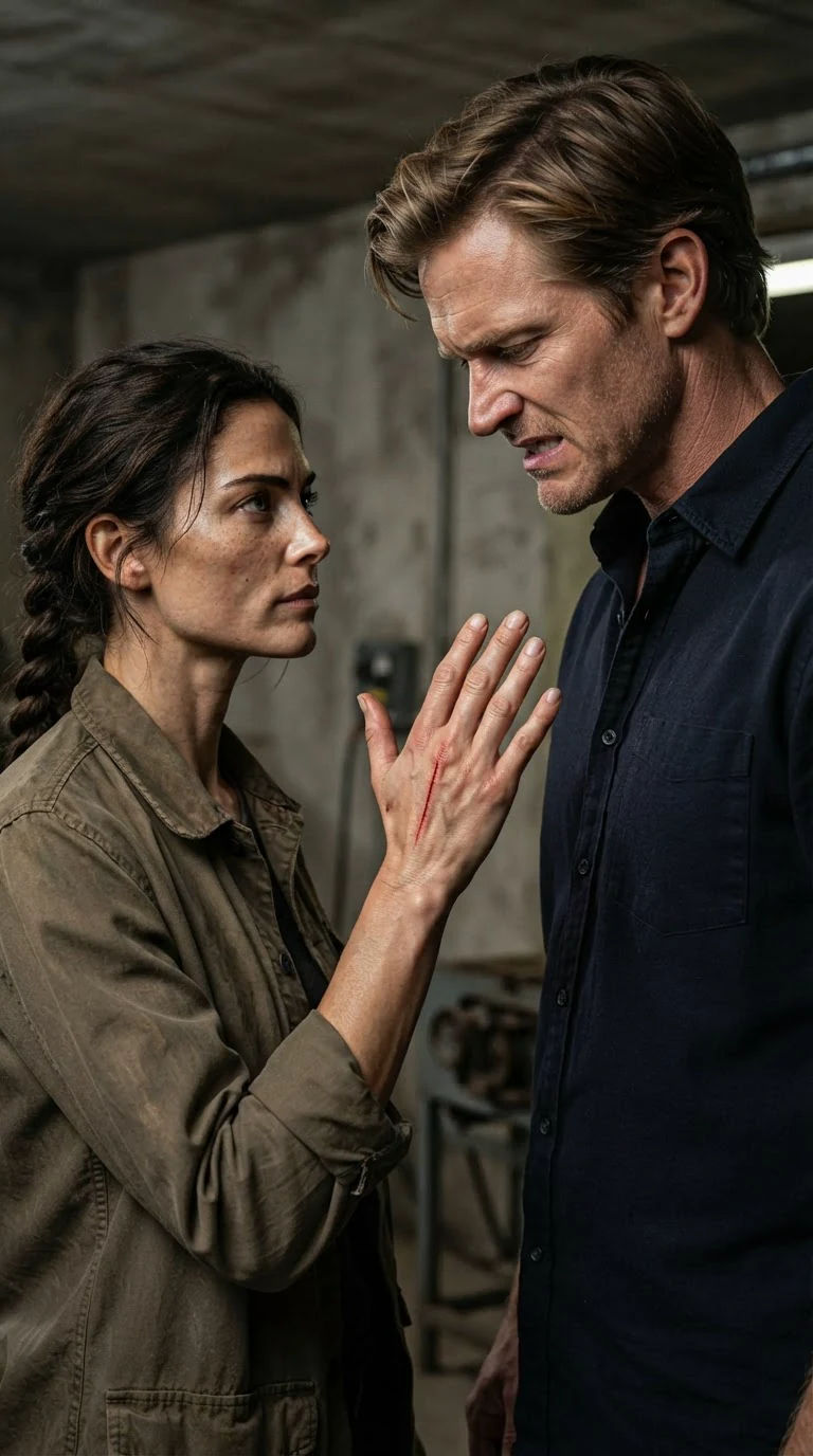 Nessa speaks quietly to Dax with her scarred hand raised between them.