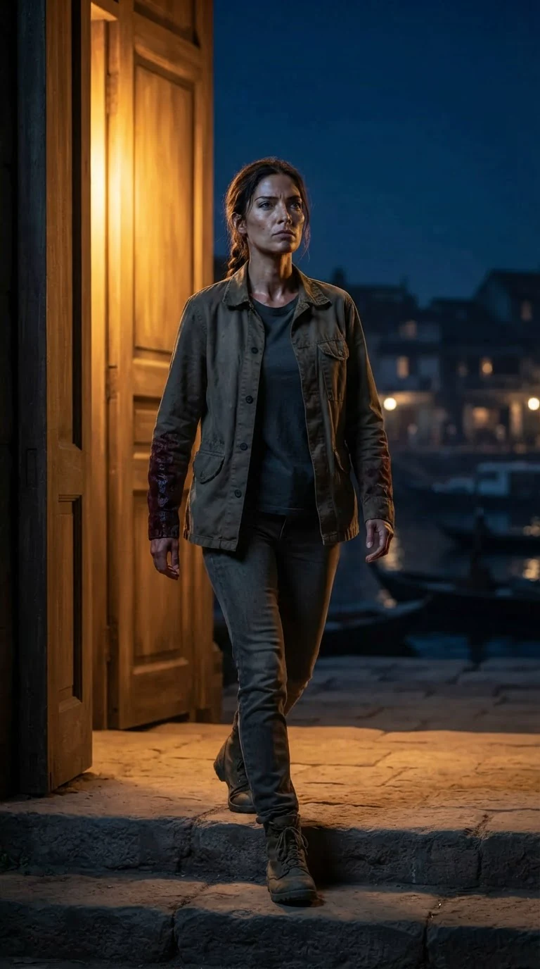 Nessa walks out of the lit hall into the cold night air.