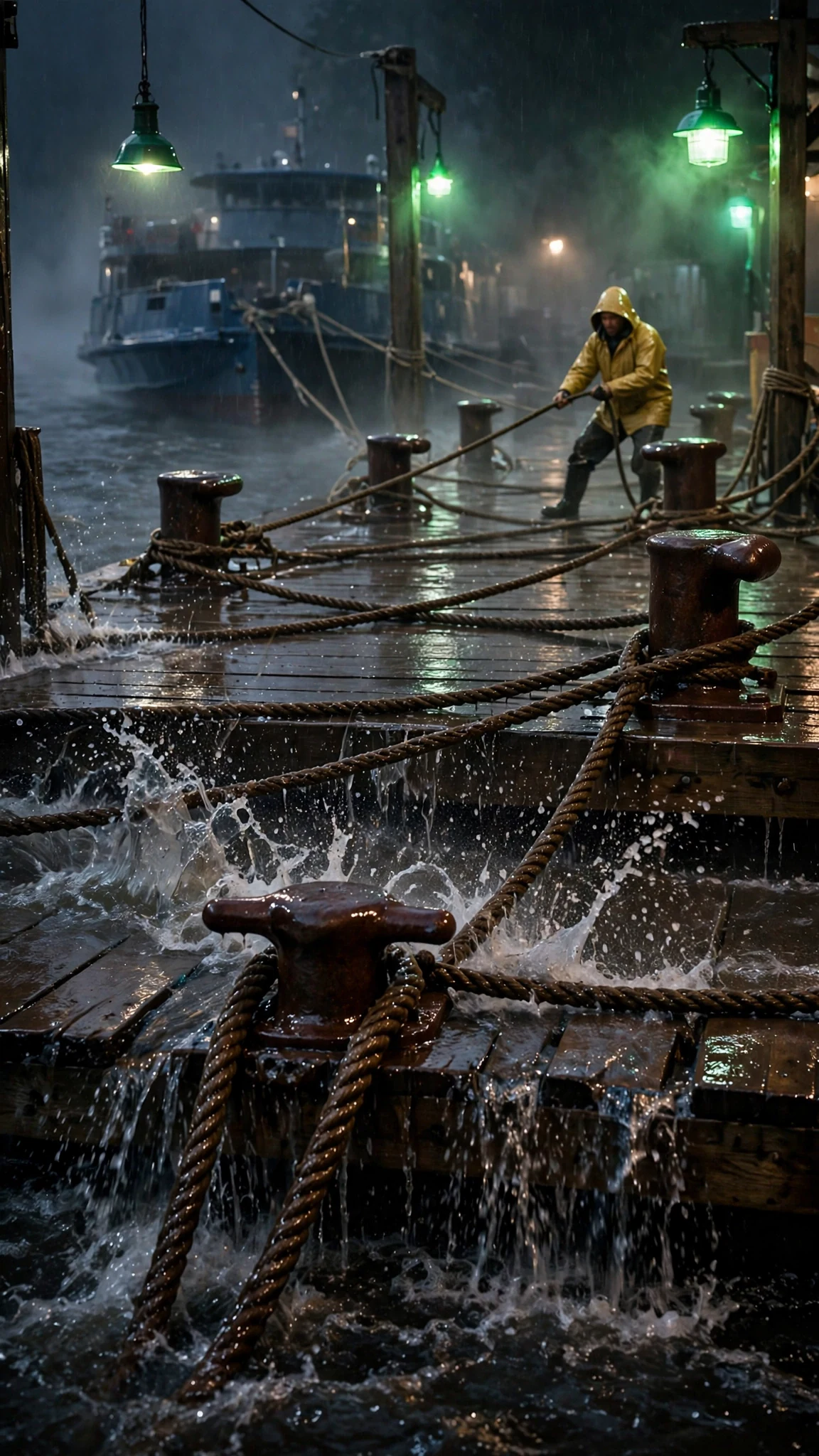 Ferry ropes strain against wet bollards on a dark dock at high tide.