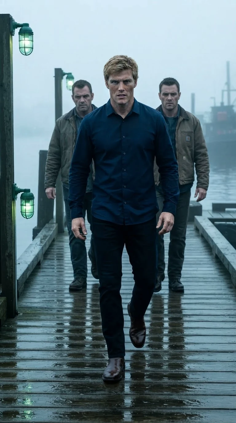 Dax walks down the dock with two men behind him.