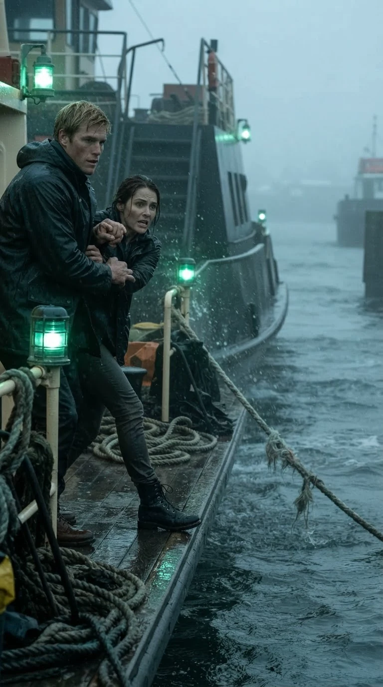 Dax grabs Nessa's arm as the dock tilts under them.