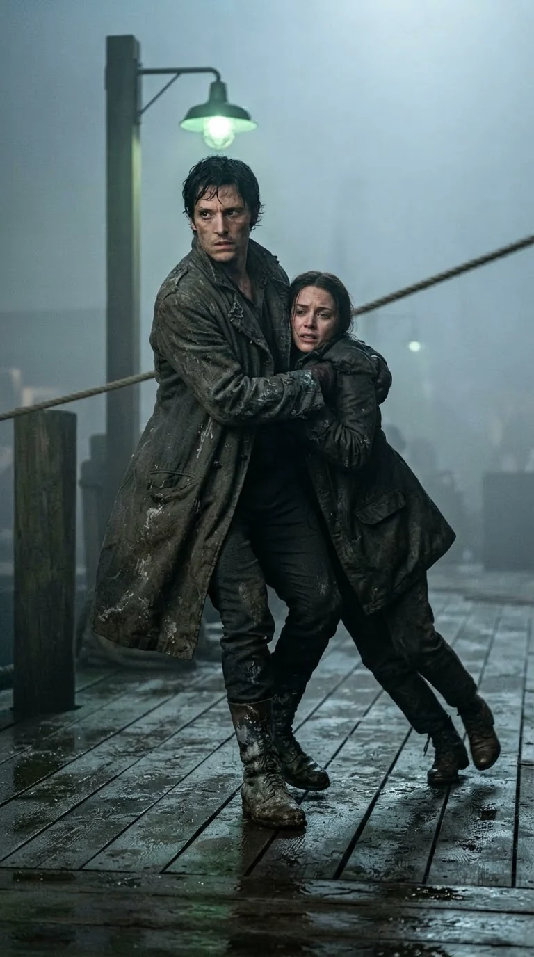 A tall dark-haired man yanks Nessa clear as the rope cracks past.
