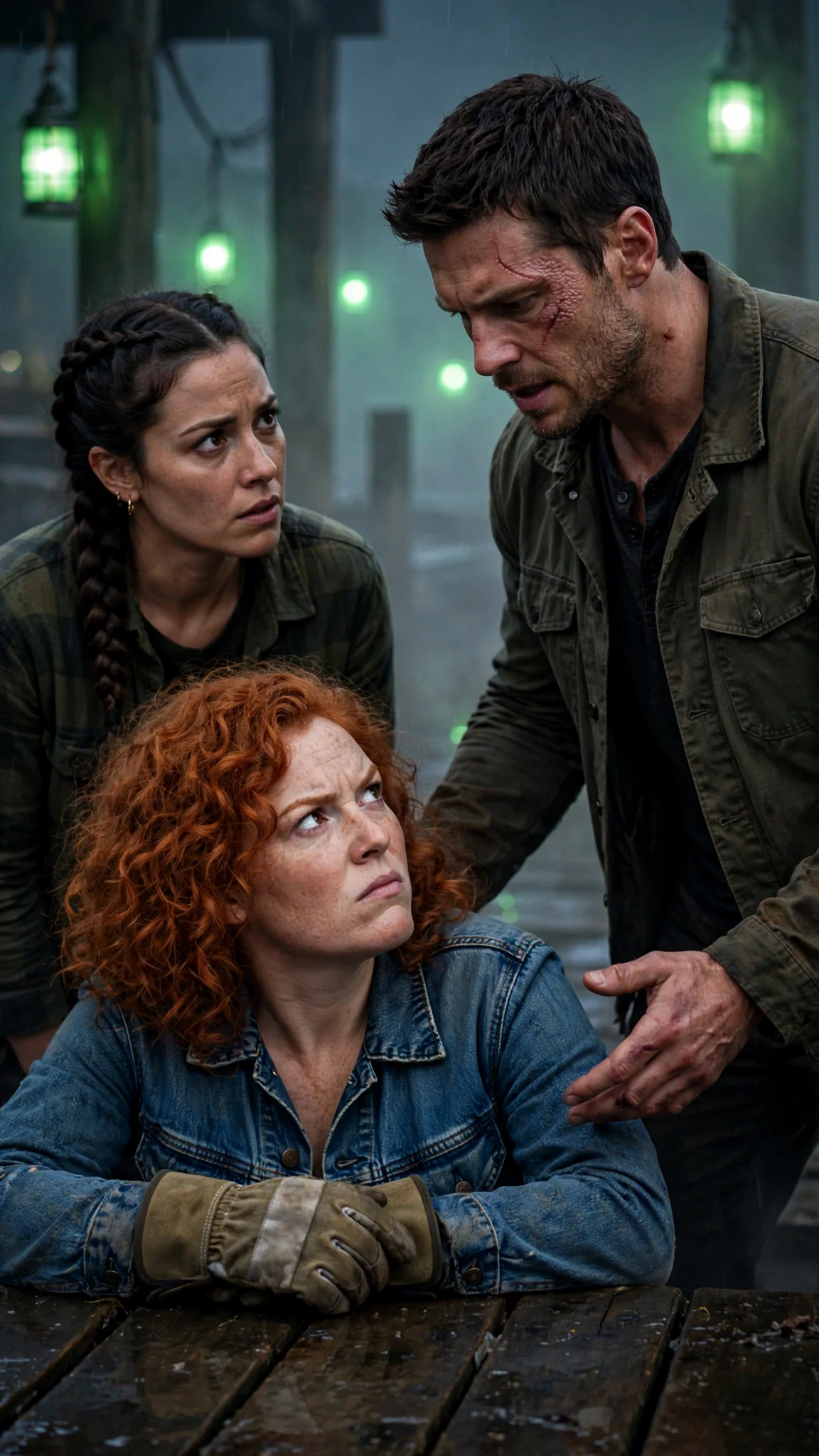 Kier keeps one hand near Nessa while Billie stares him down.