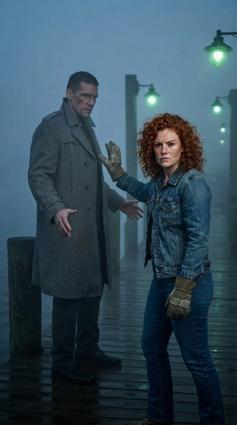 Billie stands guard as the scarred stranger walks backward into the fog.