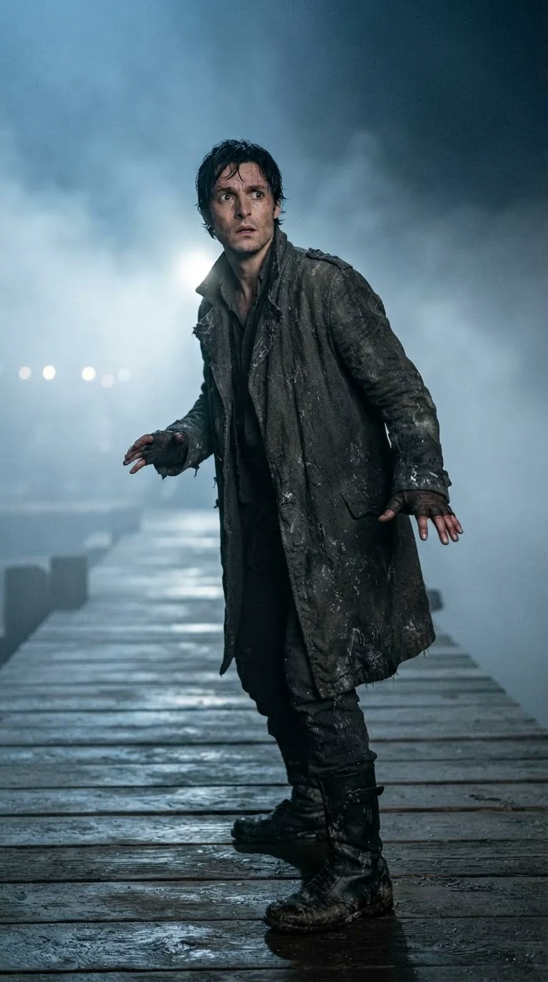 Kier backs into the foggy dock with his hands raised, fear on his face.