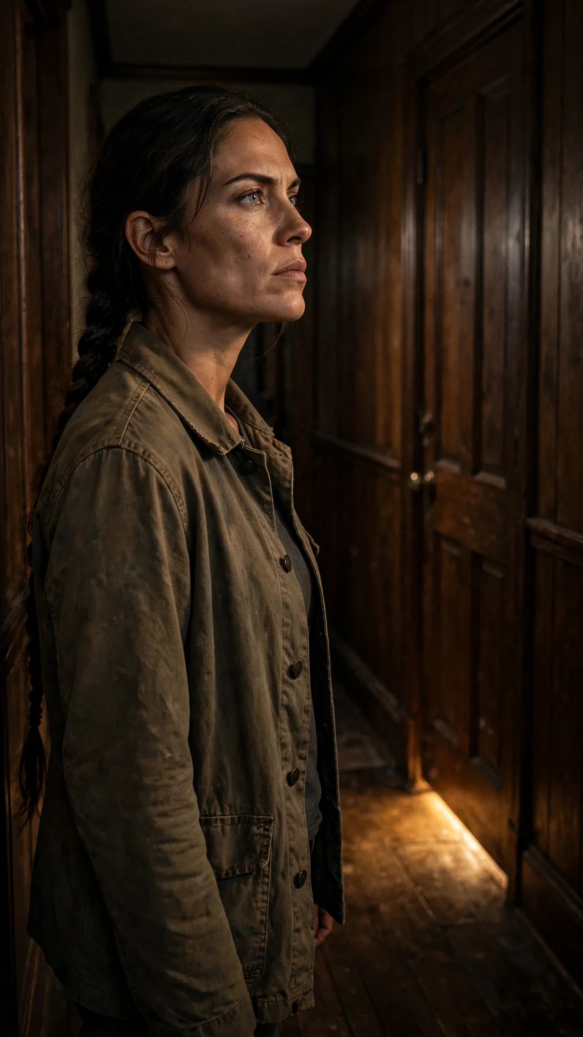 Nessa stands in a dim hallway outside a heavy study door with light under it.