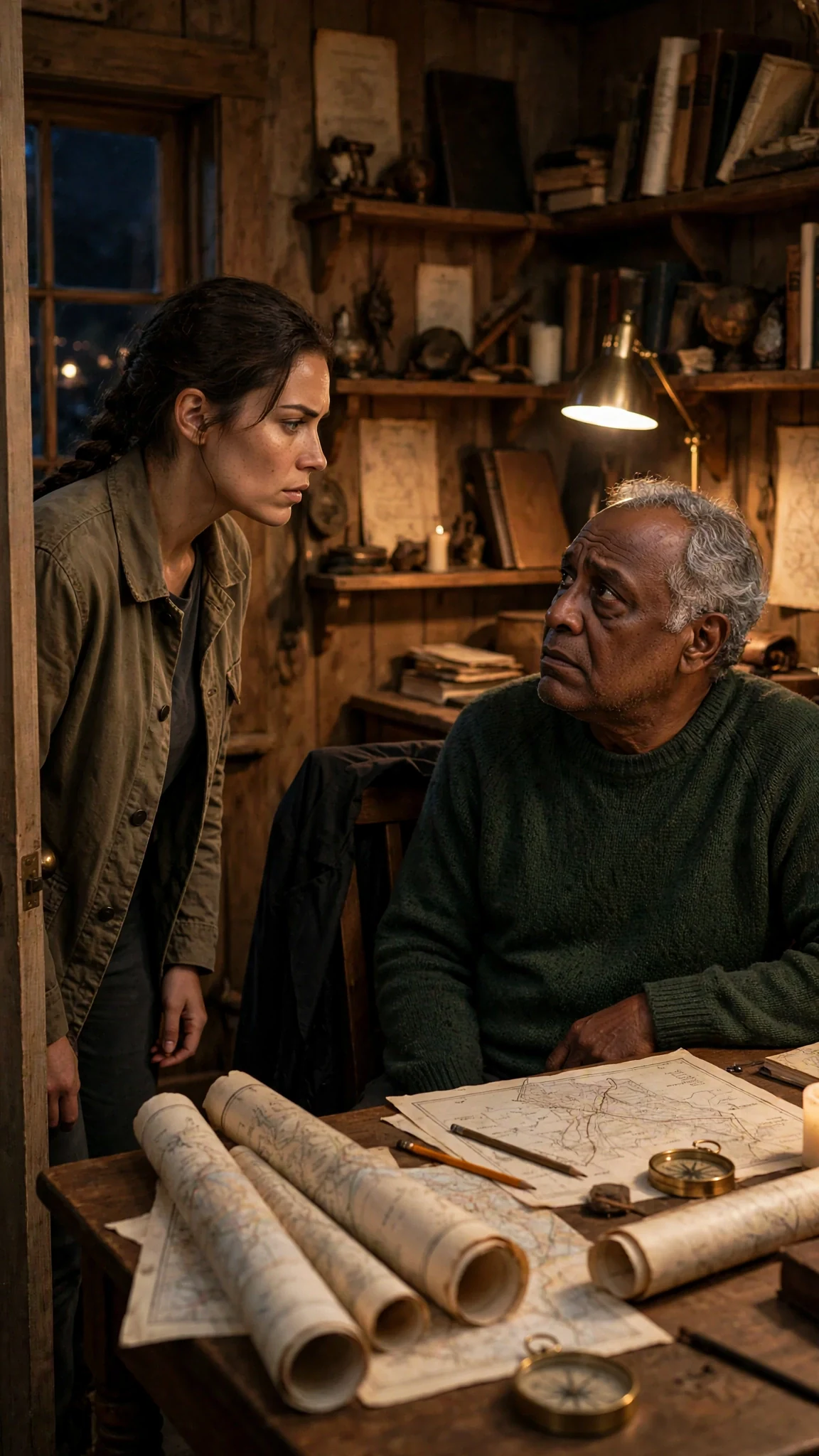 Nessa steps into her father's study and sees him behind a desk of river maps.