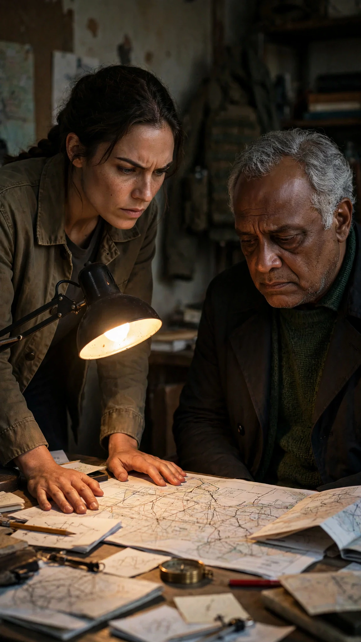Nessa plants both palms on the desk edge and leans toward her father.