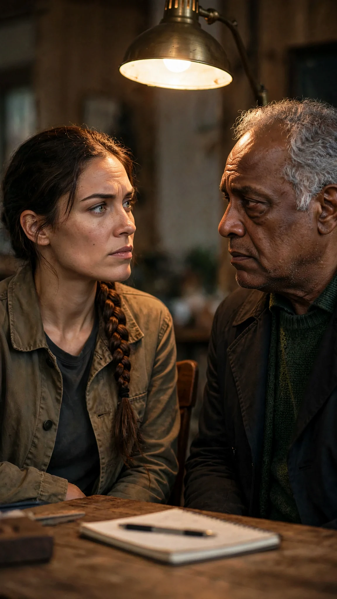 Nessa pulls a chair close and sits facing her father.