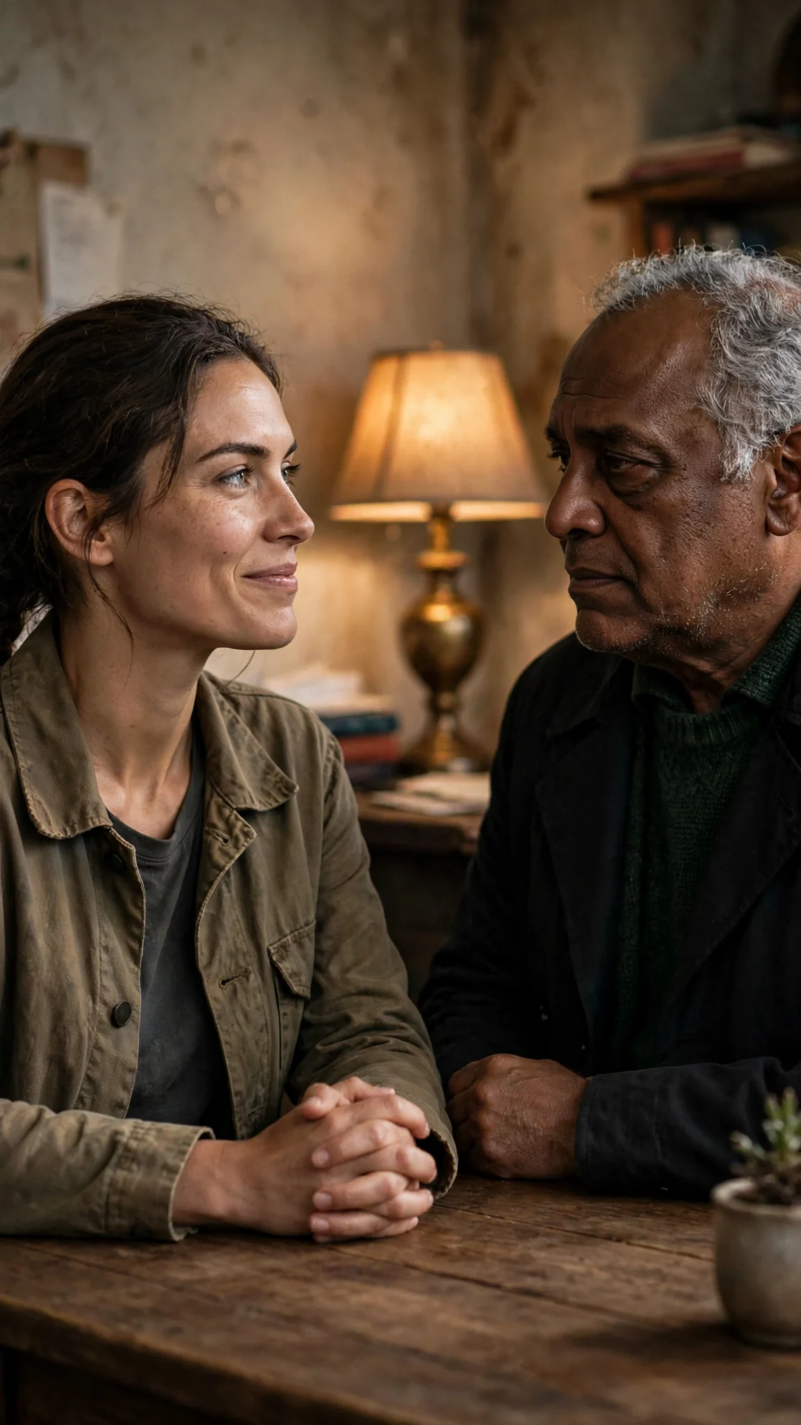 Nessa sits down across from her father, hope and caution in her face.