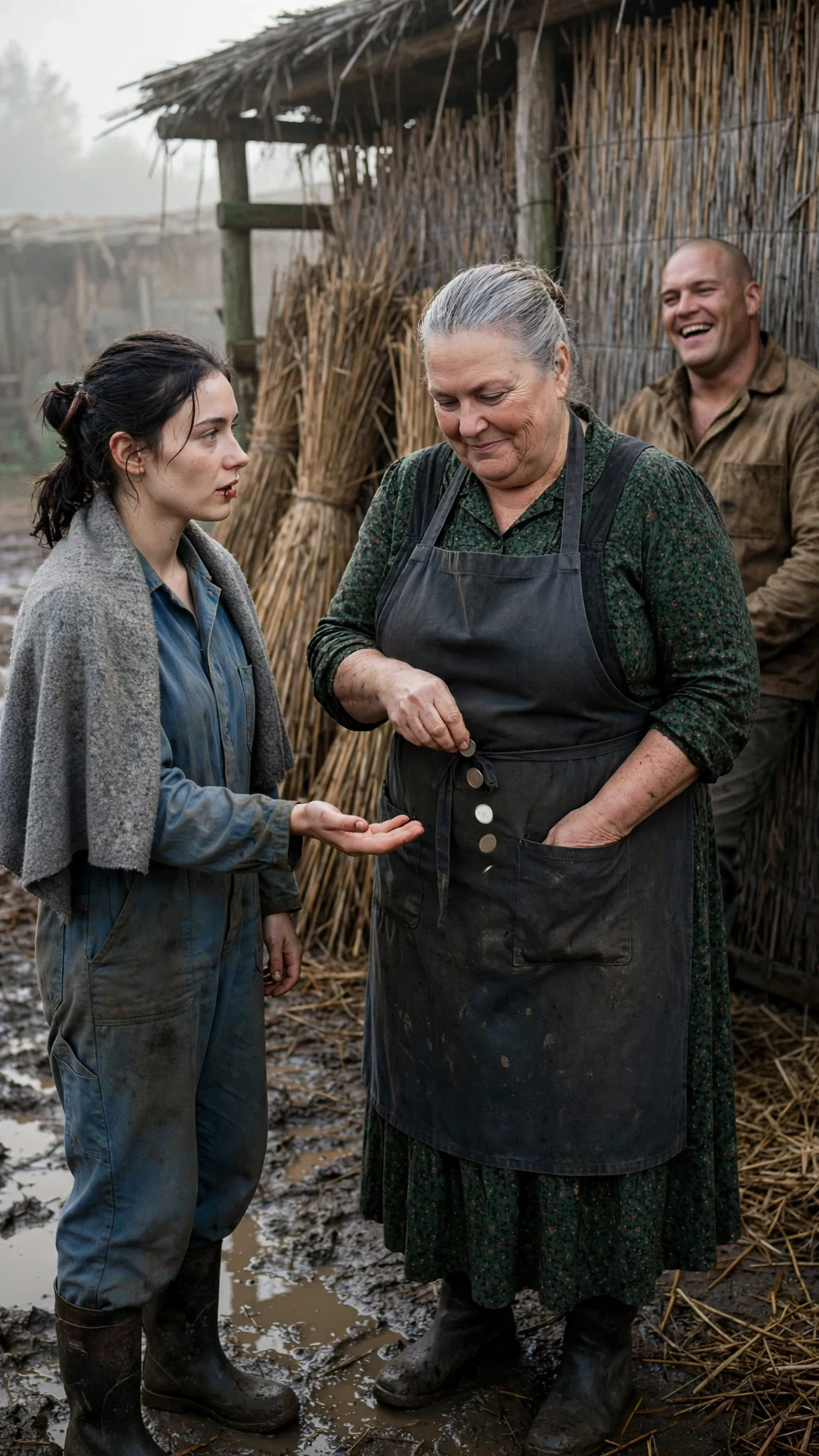 A thin young woman holds out her empty palm while a heavy-set older woman drops coins into her own apron pocket in a muddy pack yard.