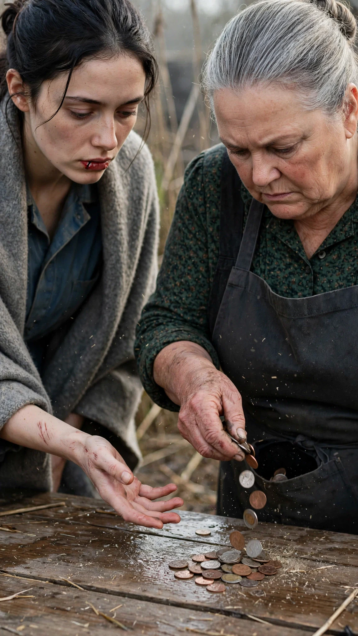 Close view of coins dropping into an apron pocket while a young woman's outstretched hand hangs empty.