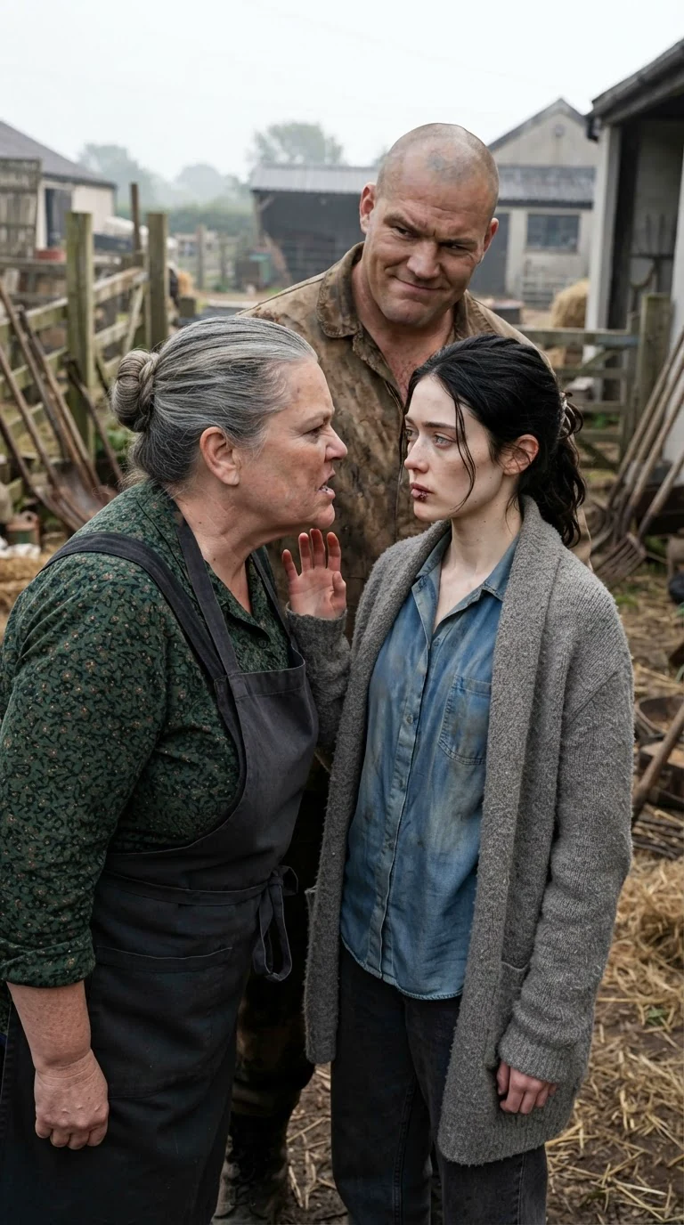 A sharp-faced older woman in a dark apron leans close to a young woman, sneering, while a shaved-headed man watches.