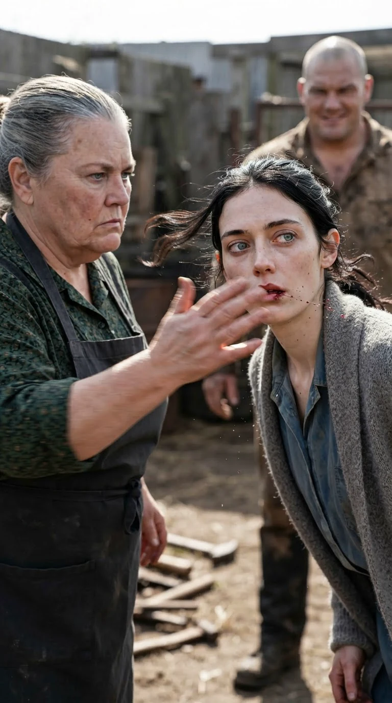 An older woman's backhand connects with a young woman's face, her head snapping to the side.