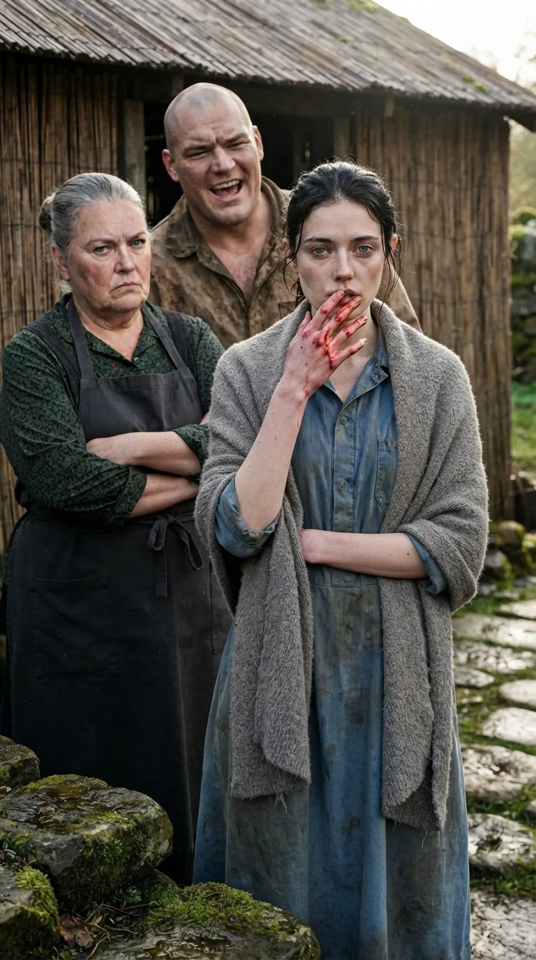 A young woman wipes blood from her split lip and stares at her red fingers while two relatives laugh.