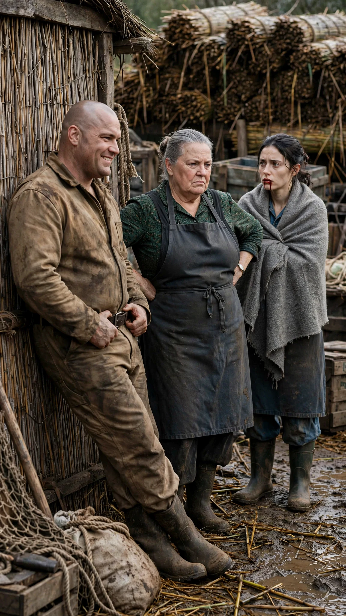 A thick-necked man with a shaved head grins at a bleeding young woman while his mother shrugs.
