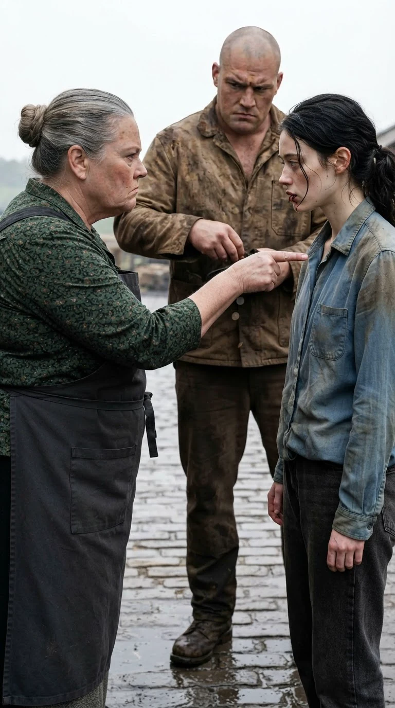 A stern older woman points a finger at a young woman's chest while a man jingles coins in his pocket.