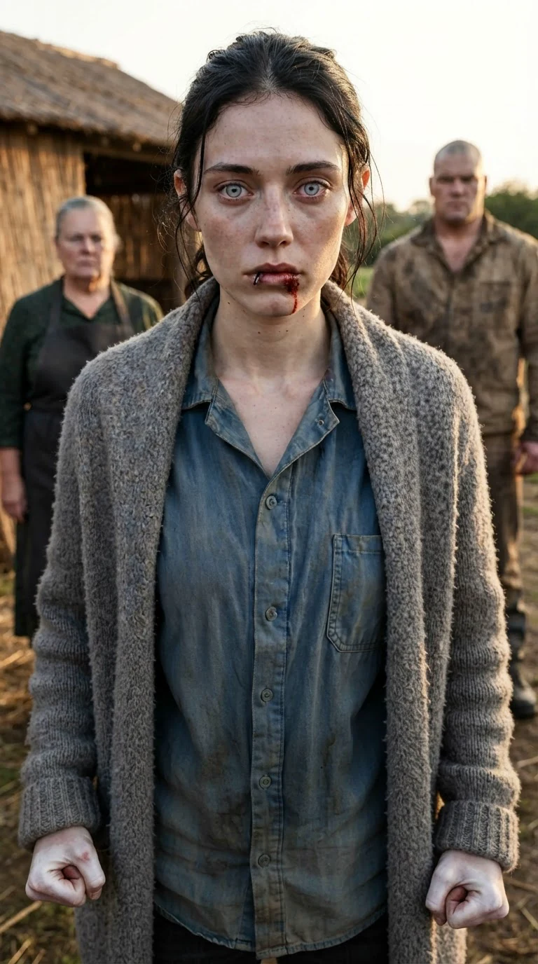 A young woman stands rigid with her fists clenched, eyes flashing, holding herself back.