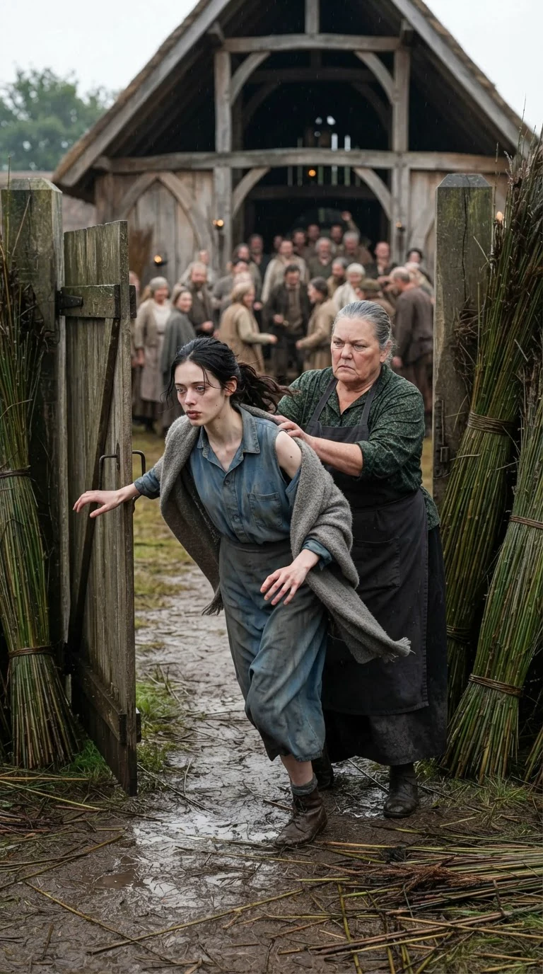 An older woman shoves a young woman toward a gate between wet reed stacks.