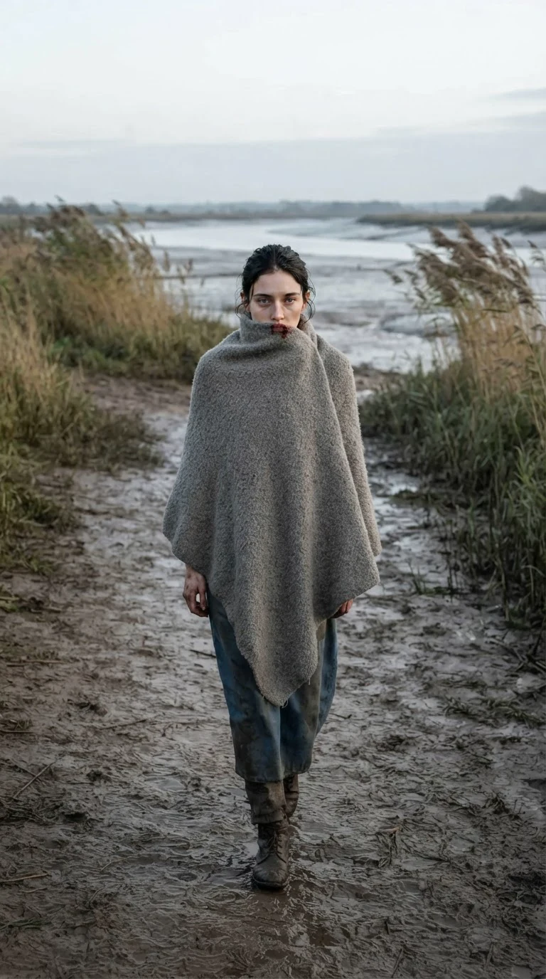 A young woman walks a muddy path alone with her shawl held over her mouth.