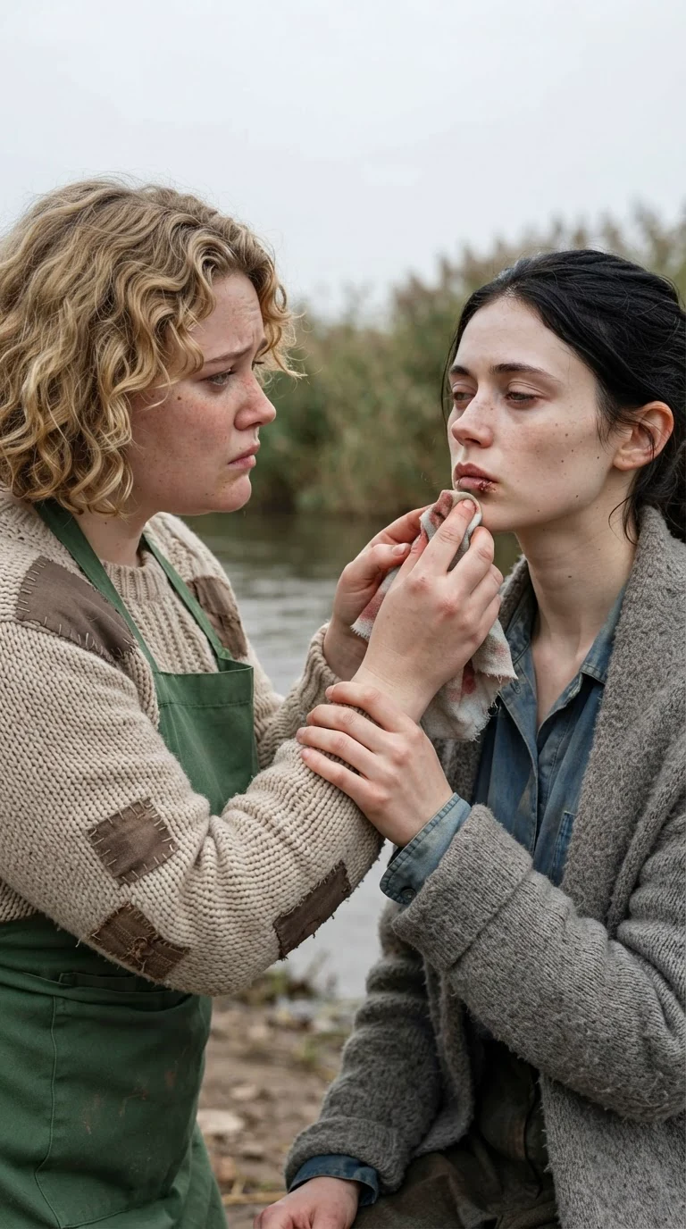 Two young women stand close on the path as one dabs a cloth gently at the other's split lip.