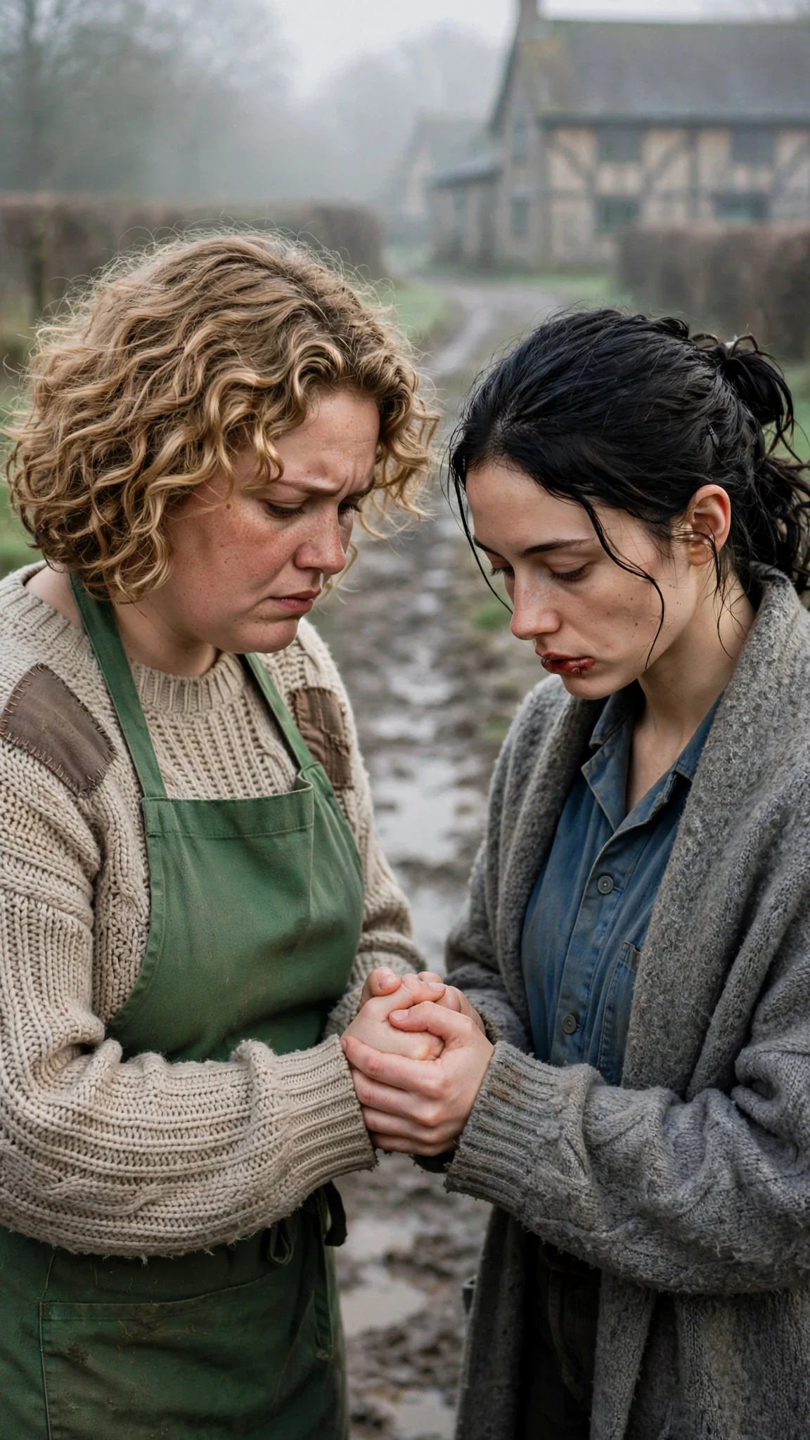 A round-faced young woman grips her friend's hands and speaks hard into her face.