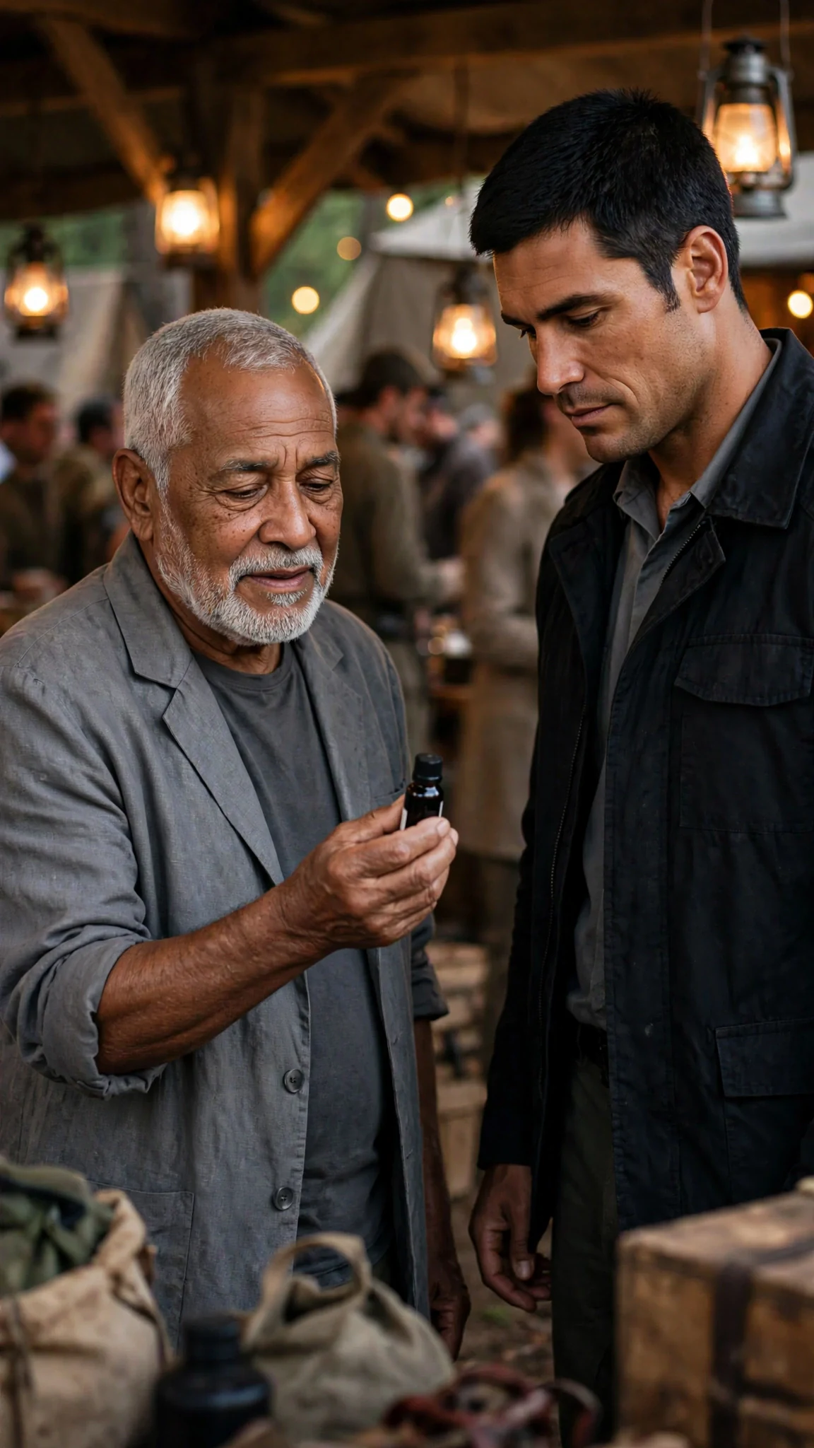 A short bearded healer in a grey coat offers a small bottle to the Alpha in the crowded hall.