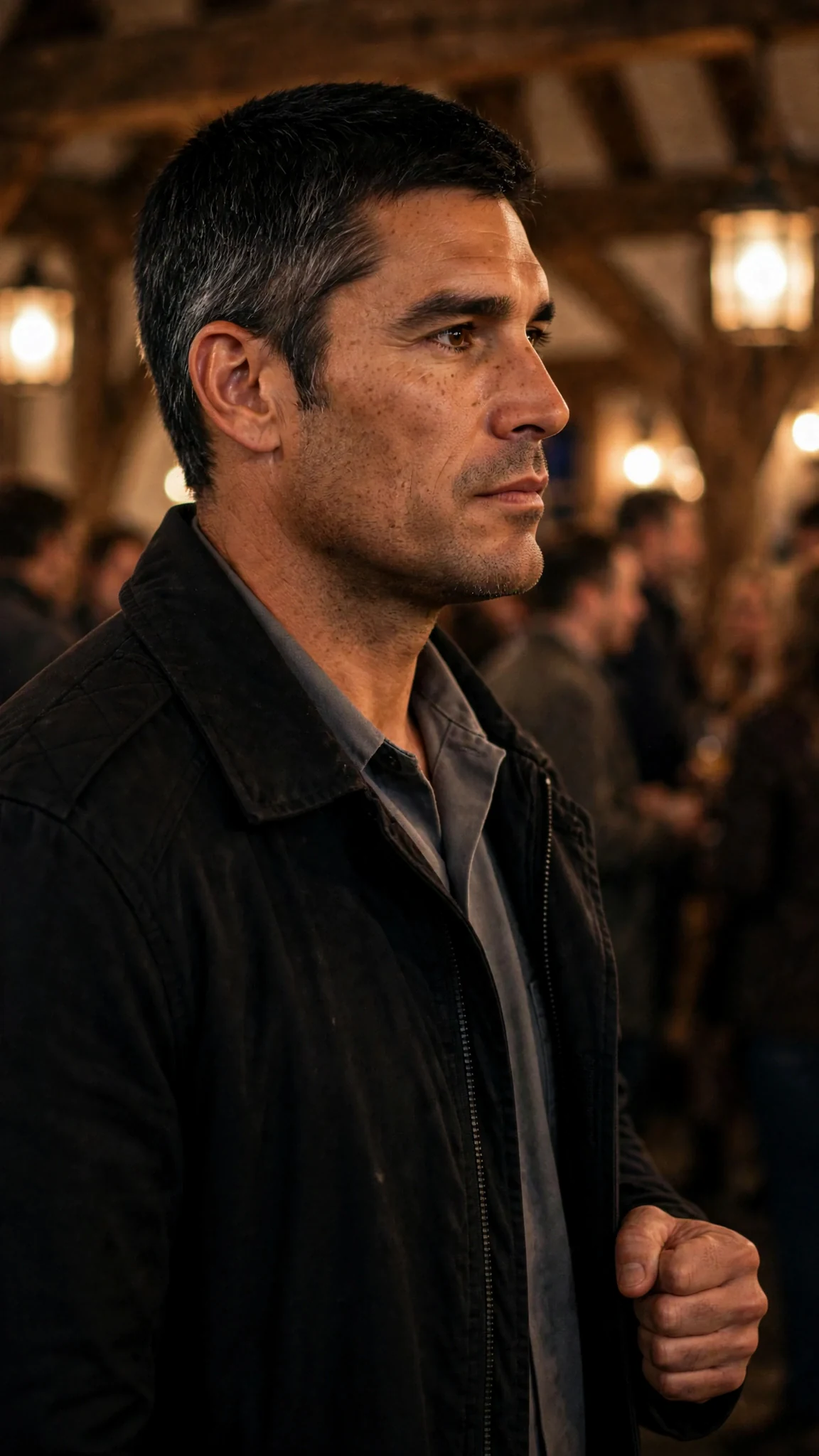 A tall Alpha turns away from a healer and stares across the hall with his jaw tight.