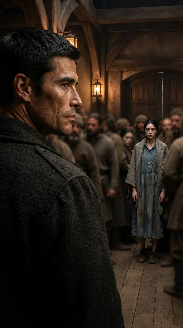 A tall Alpha looks toward a thin young woman with a bloody lip at the back of the hall.