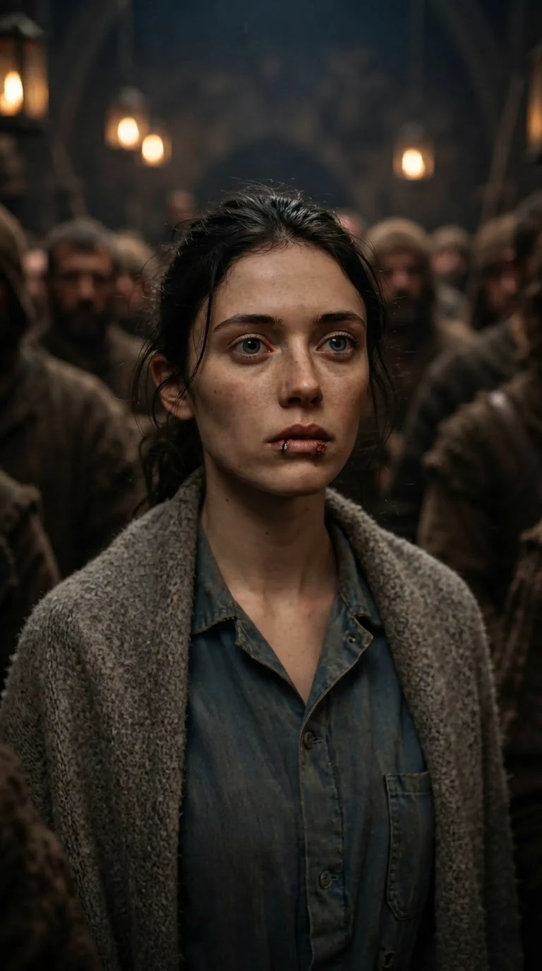 A young woman with a swollen lip looks up with sudden hope across a crowded hall.