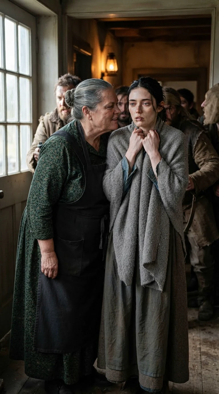 An older woman smirks at a bleeding young woman in the crowded hall doorway.